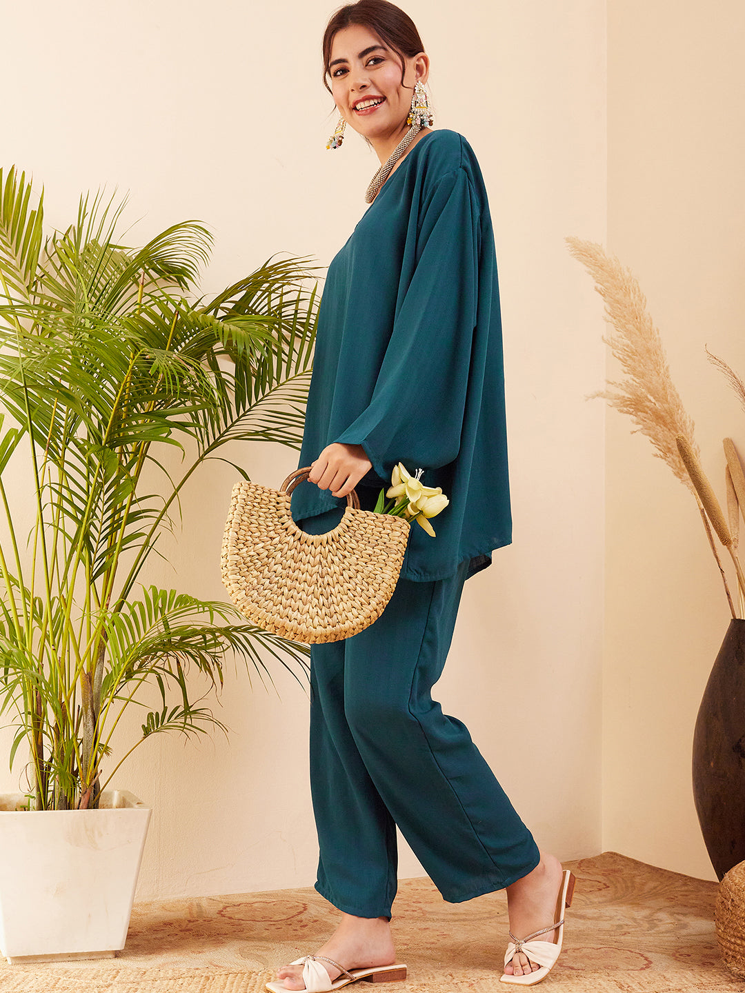 InWeave Women's Dark Ocean Full Sleeve Boho Top Bottom Set 
