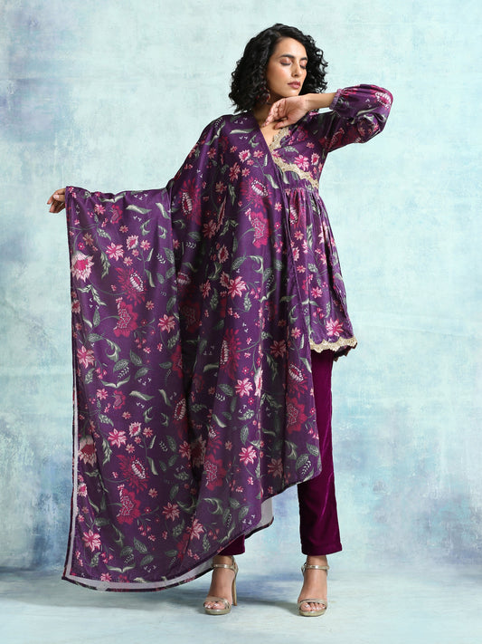 trueBrowns Wine Printed Velvet Shawl - Grab2buy