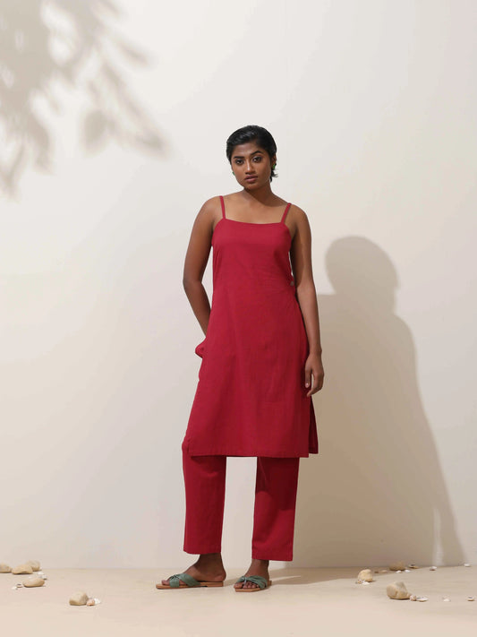 trueBrowns Maroon Cotton Linen Kurta Co-Ord Set