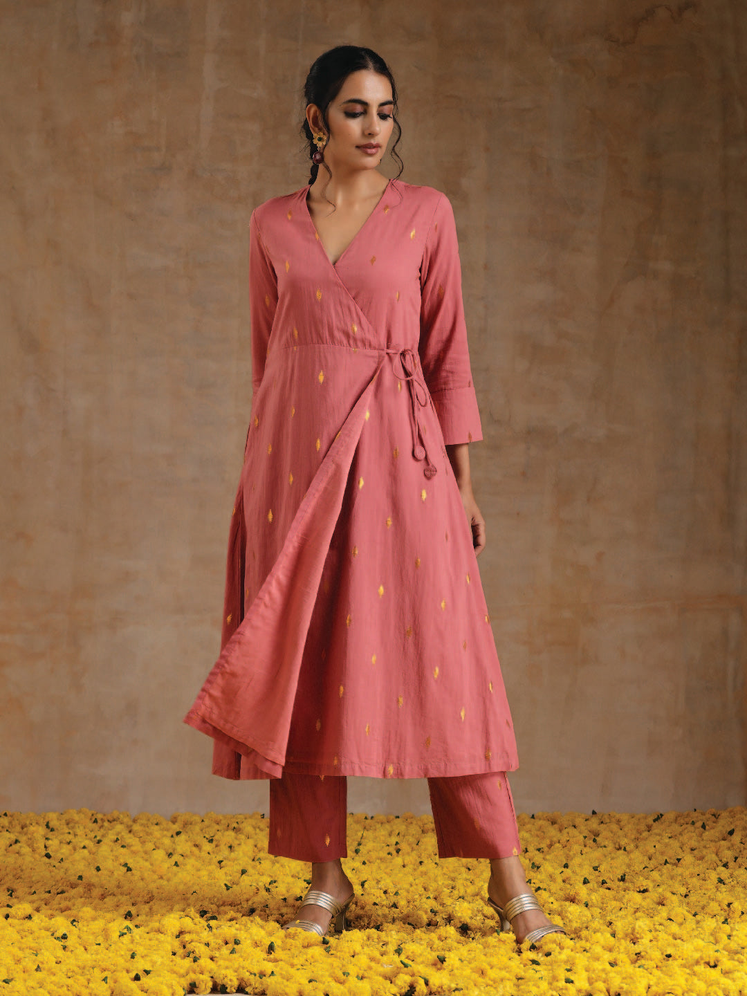trueBrowns Blush Gold Cotton Angrakha Kurta Set 