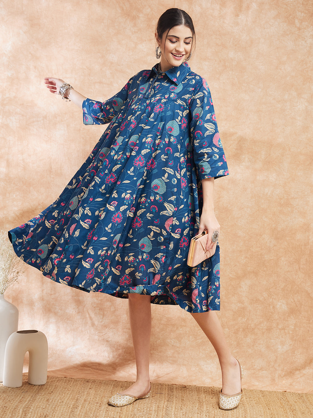 InWeave Women's Blue Pink Kalamkari Flared Dress 