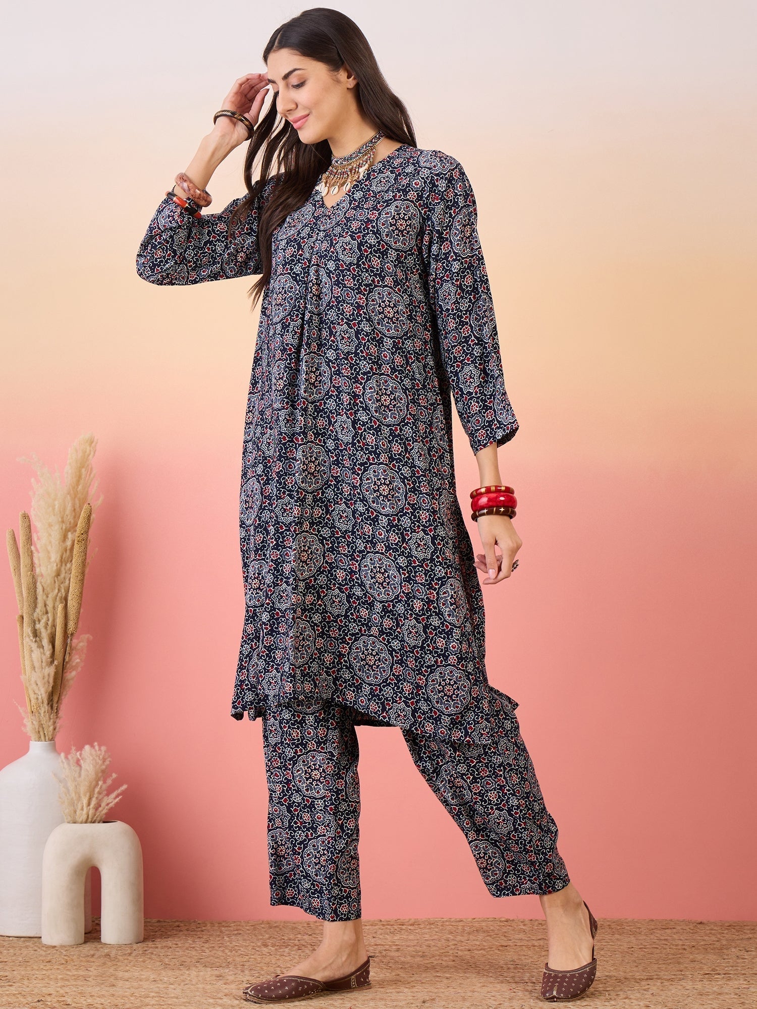 InWeave Navy Maroon Ajrakh Foil V Neck Kurta Pant Set 
