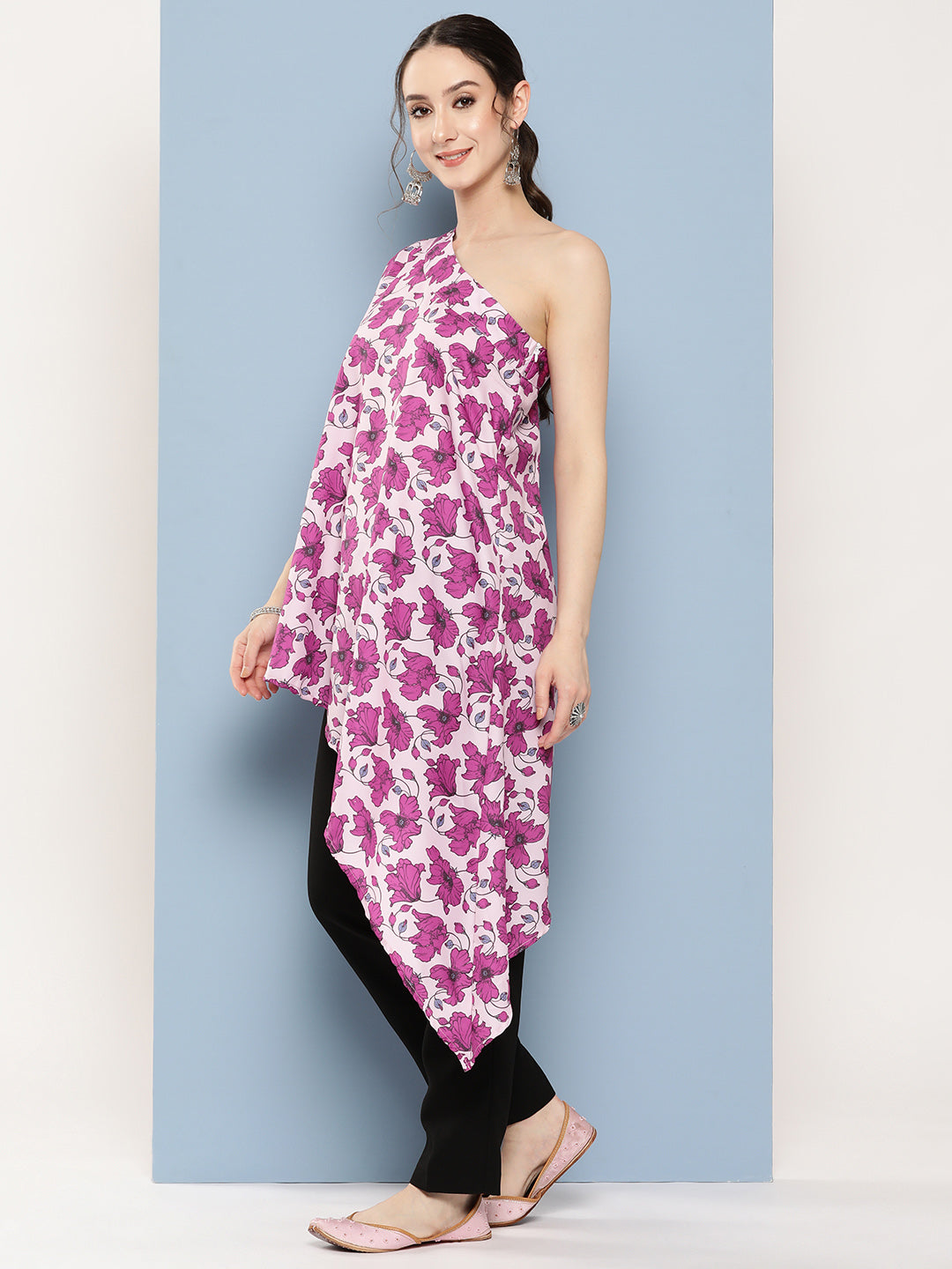 InWeave Women's Pink Fuchsia Japanese Art Oneshoulder Top 