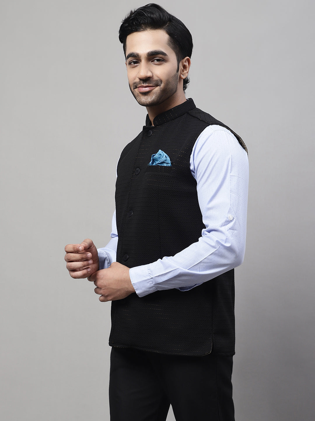 Even Apparels Men's Black Nehru Jacket With Welt Pockets 