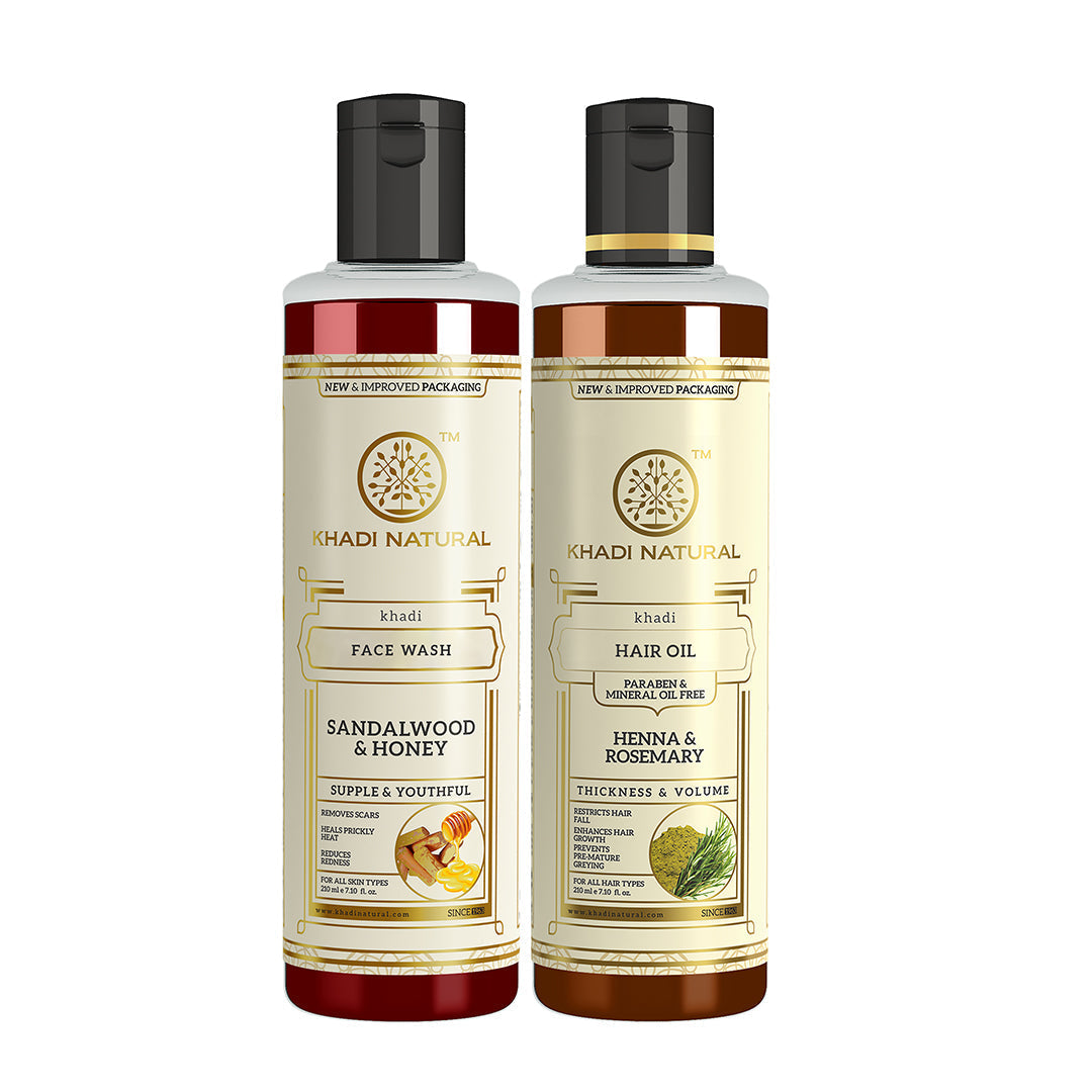 Khadi Herbal Sandalwood & Honey Face Wash with Henna Rosemary Hair Oil Combo (Set of 2) 