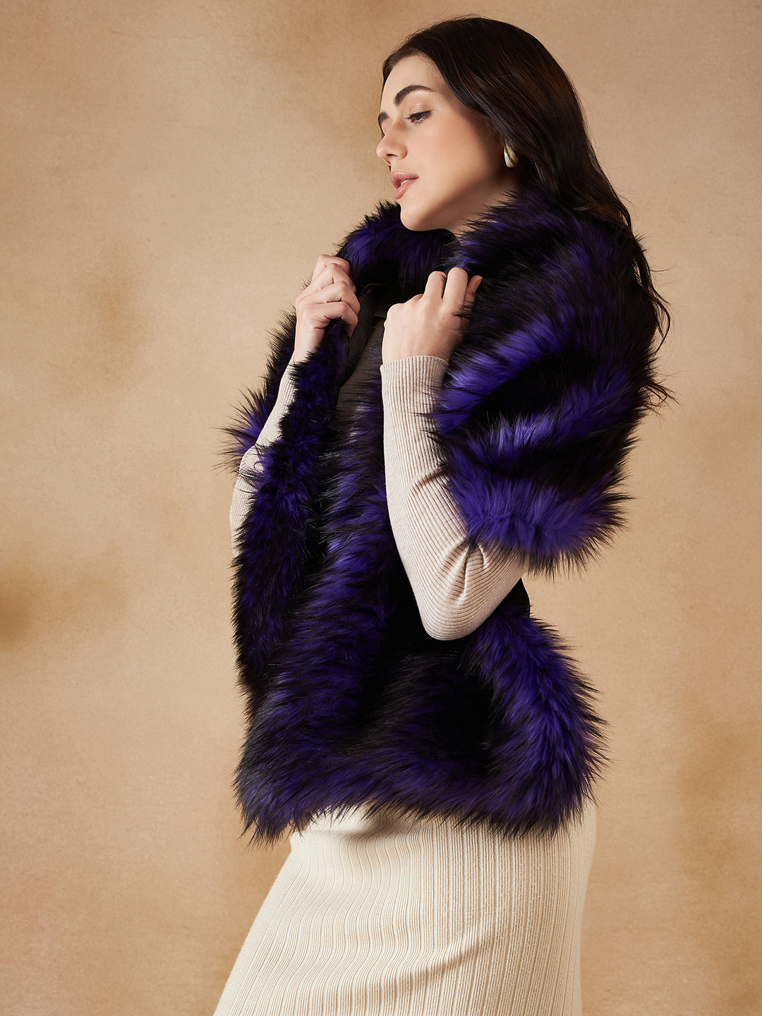 InWeave Purple Black Faux Fur Cape 