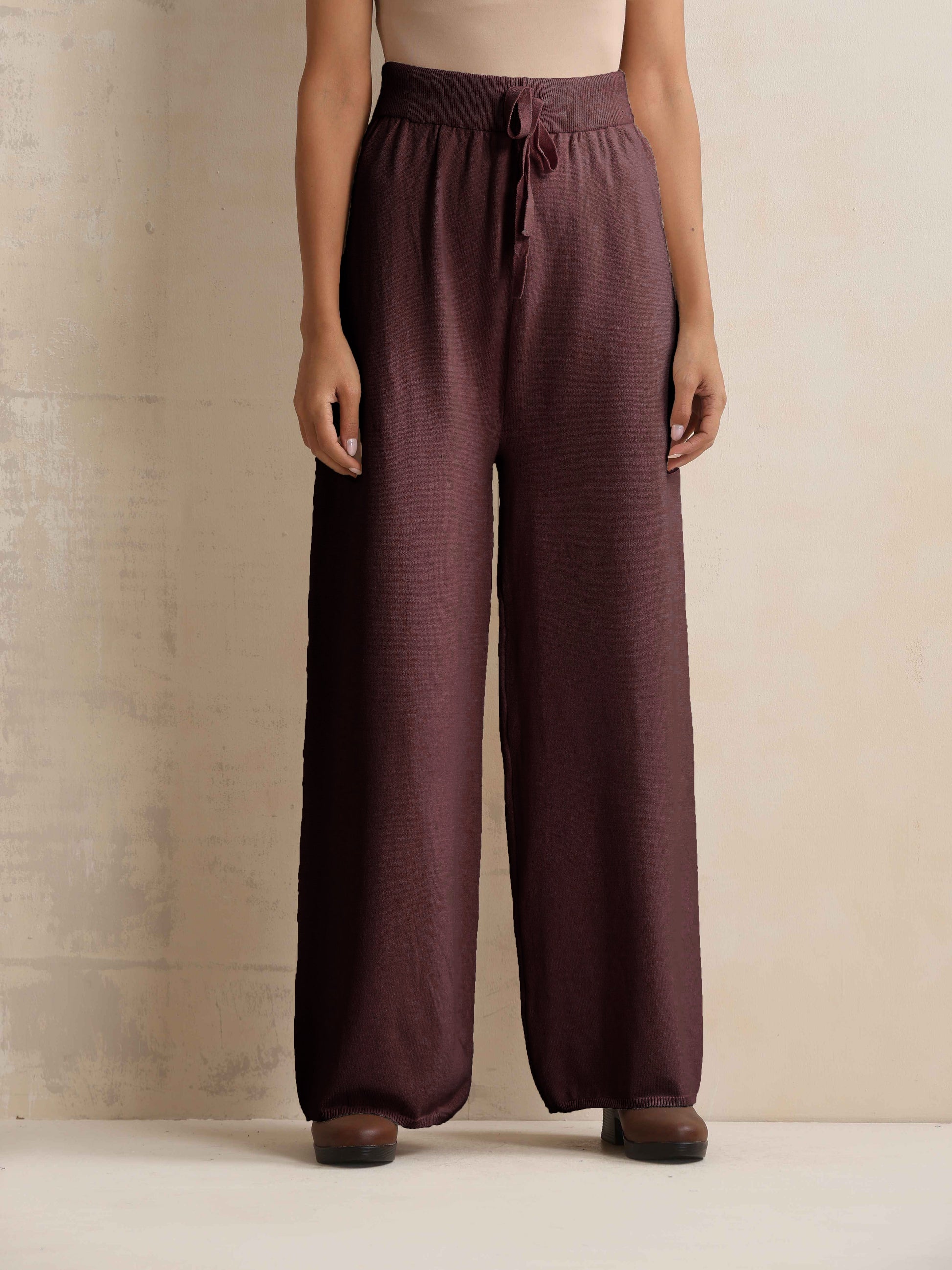 trueBrowns Brown Woollen Flared Pants | Swadesiicart