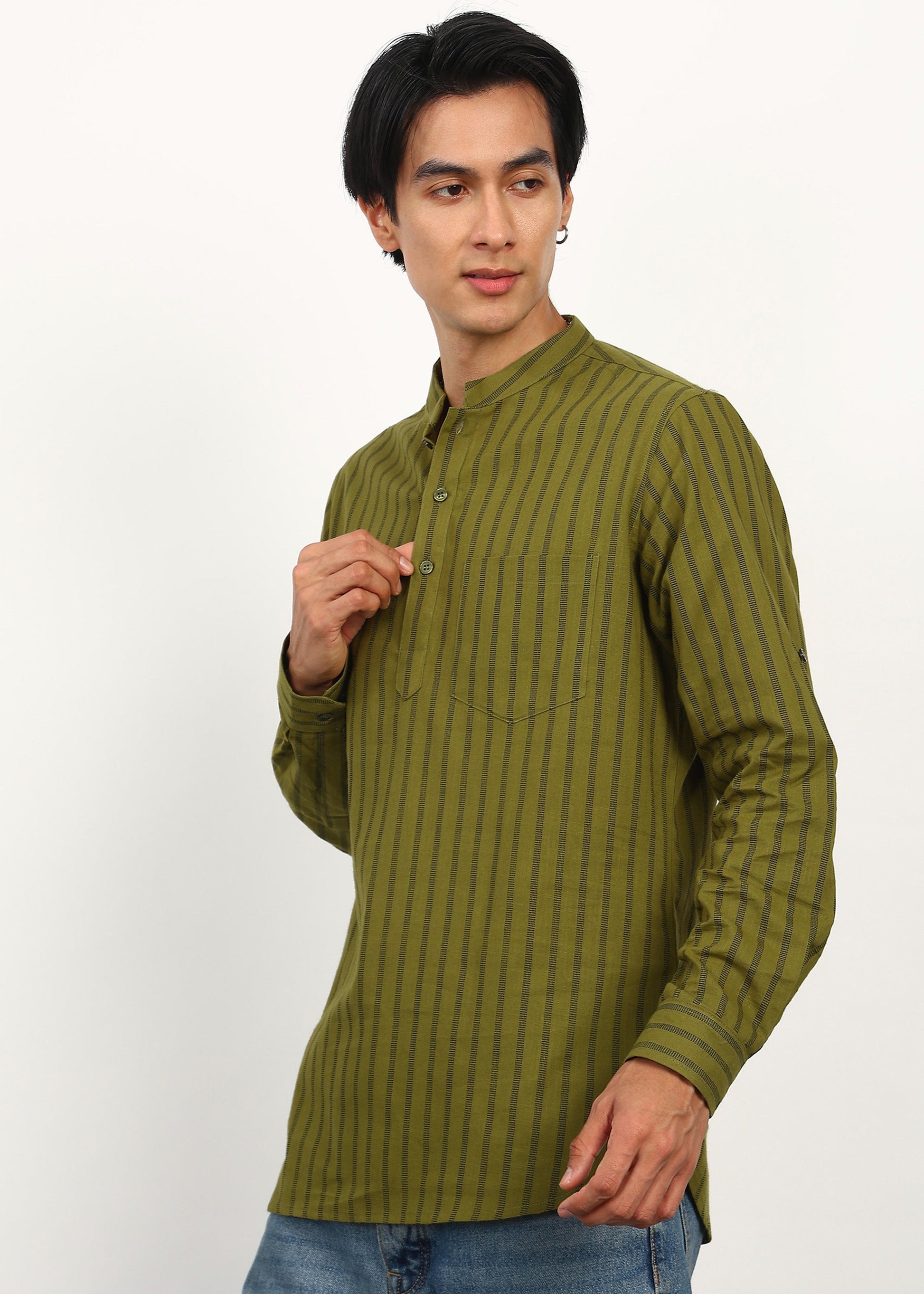 Fabmade Olive Stripe Linen Kurta