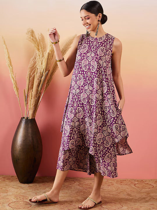 InWeave Dusty Mauve Paisley Round Neck Kurta Short Palazzo Set 
