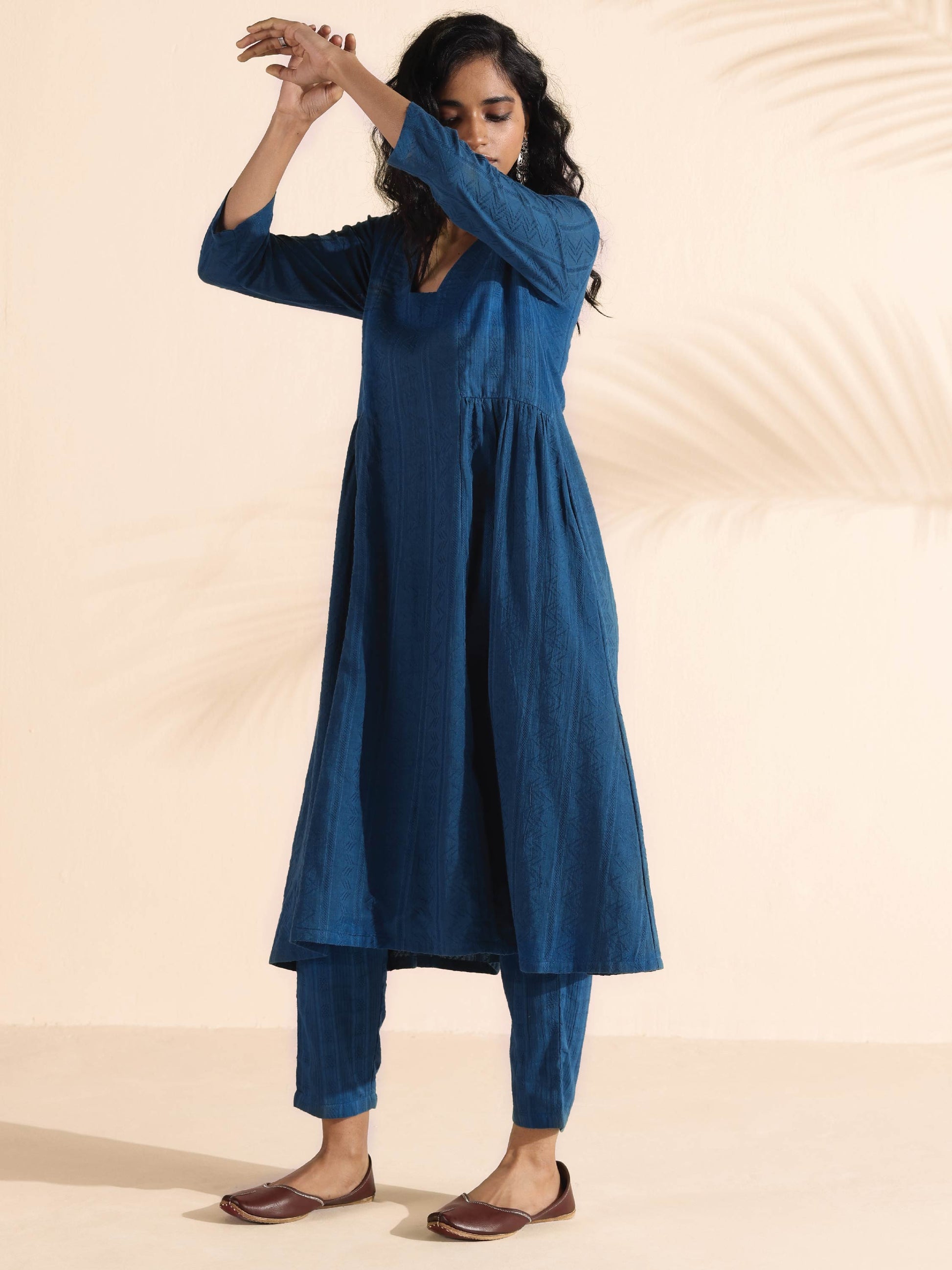 trueBrowns Blue Cotton Dobby Flared Kurta Pant Set 