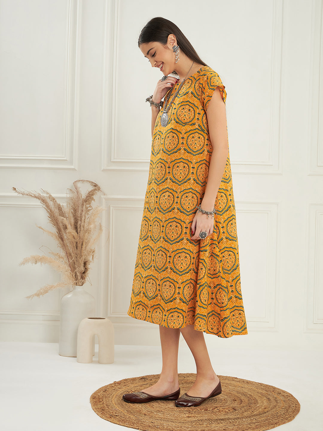 InWeave Women's Haldi Yellow Mughal Kalamkari A Line Dress 