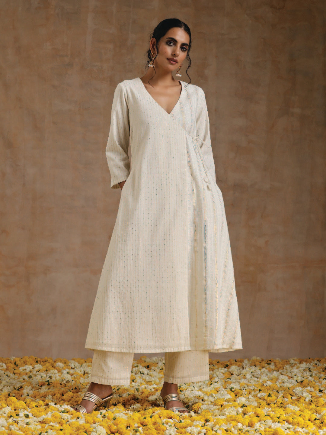 trueBrowns Ivory Gold Cotton Angrakha Kurta Set 