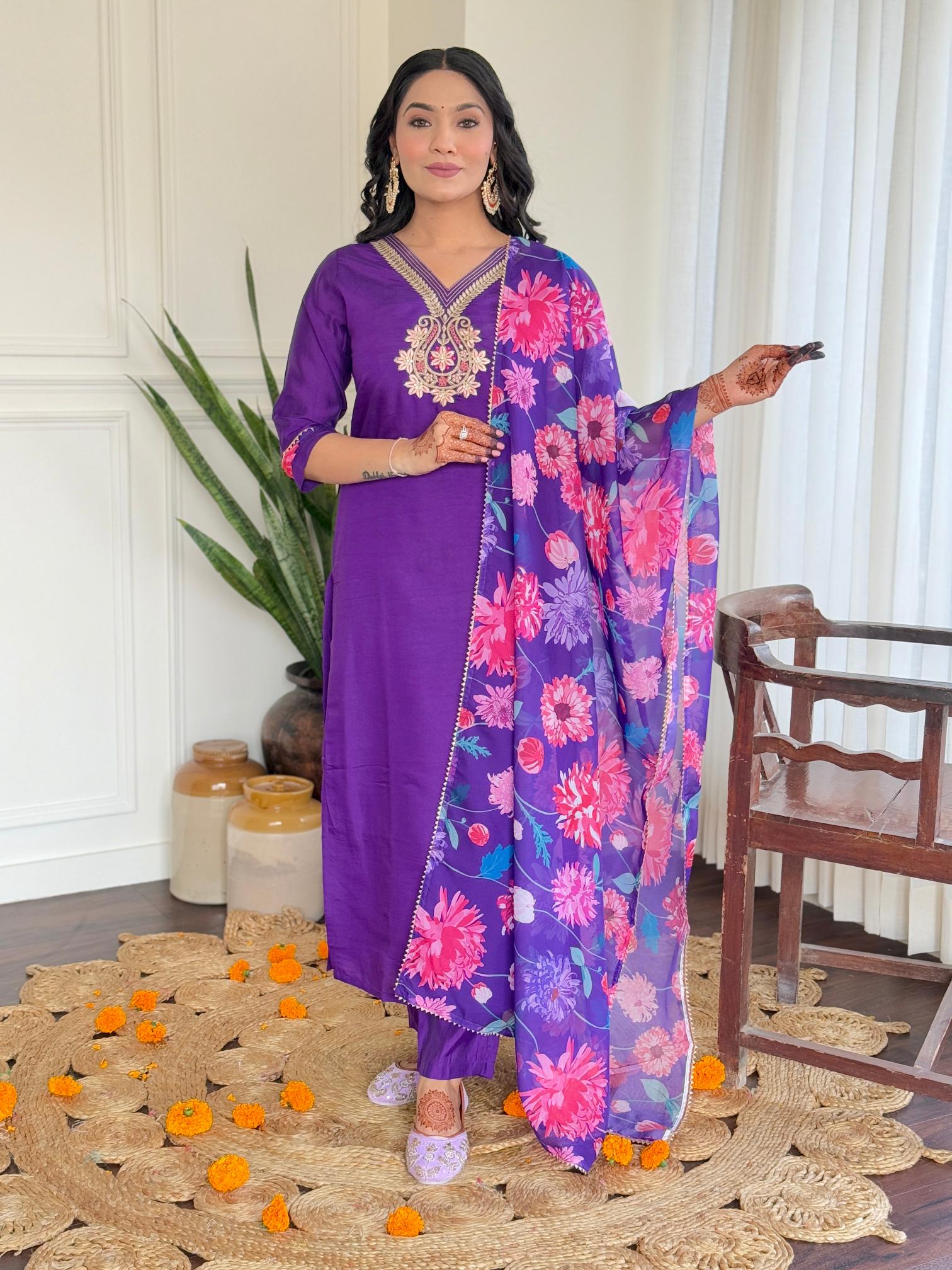 The52 Women's Beautiful Roman Silk Embroidered Straight Kurta with Pant And Dupatta Set | Grab2Buy