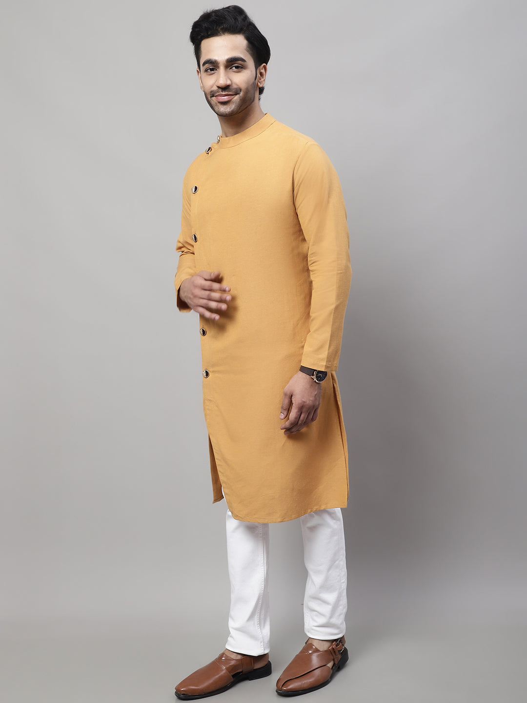 Even Apparels Mustard Sherwani Kurta With Asymetrical Cut 