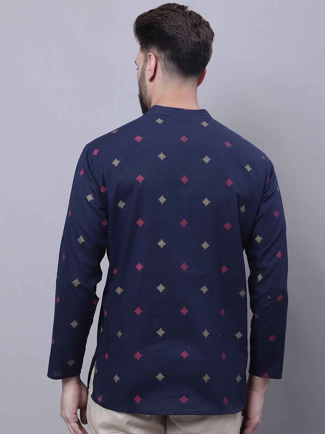Even Apparels Blue Pure Cotton Short Kurta With Band Collar 
