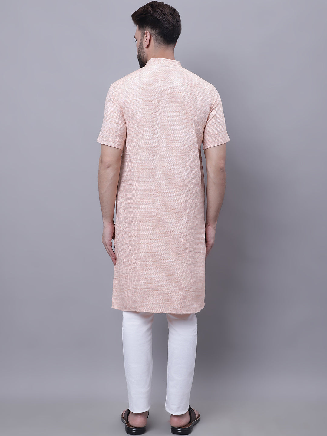 Even Apparels Peach Pure Cotton Short Sleeves Kurta With Band Collar 