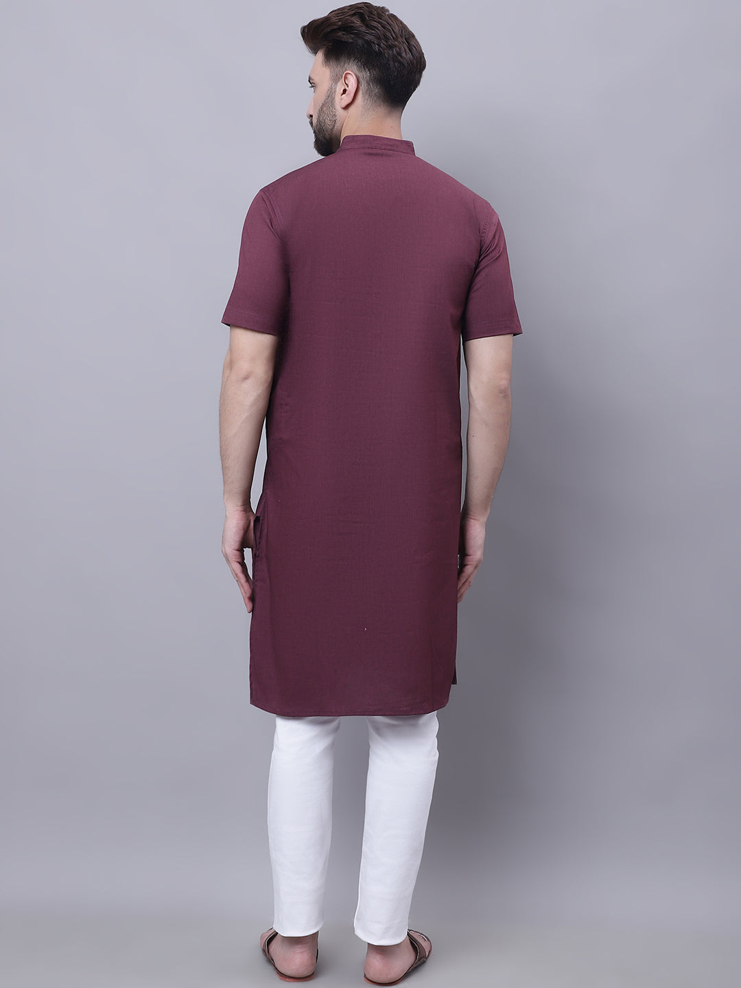 Even Apparels Wine Pure Cotton Short Sleeves Kurta With Band Collar 
