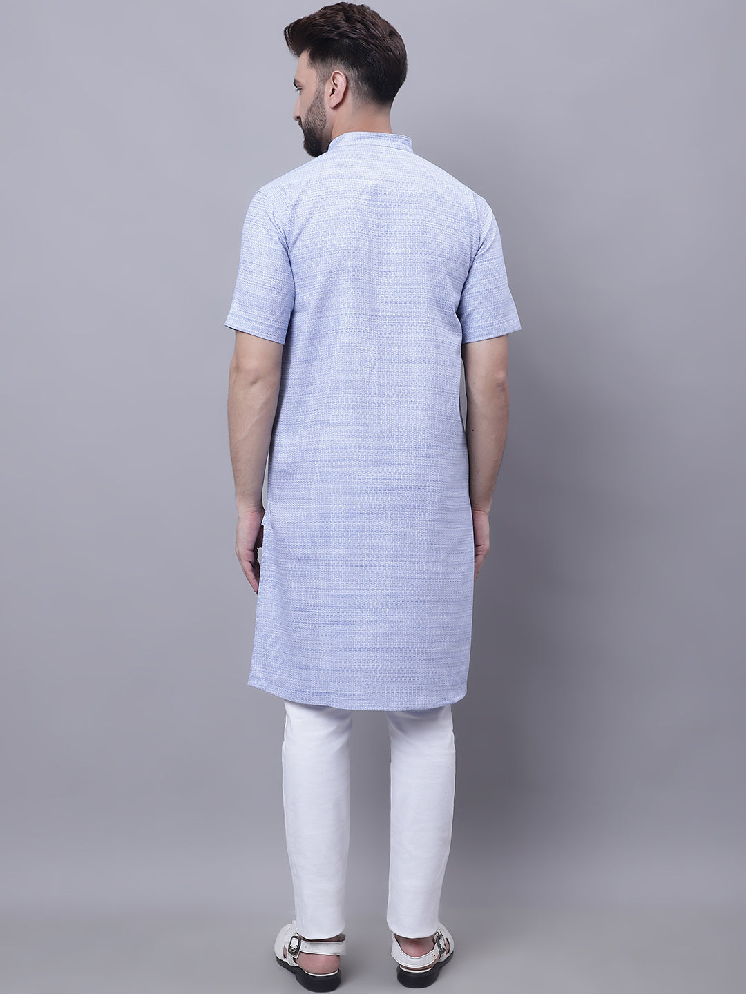 Even Apparels Blue Pure Cotton Short Sleeves Kurta With Band Collar 