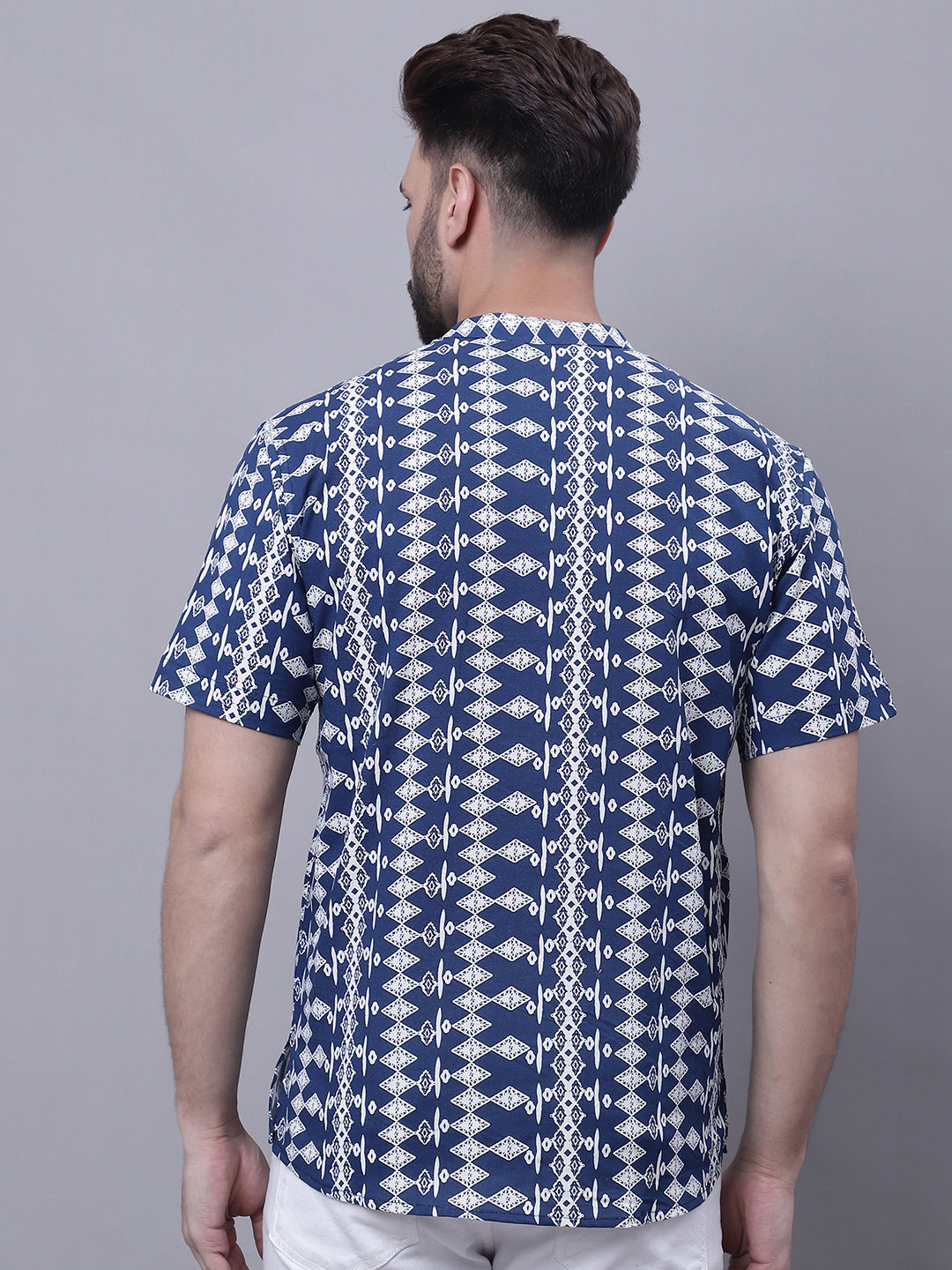 Even Apparels Blue Pure Cotton Short Kurta With Band Collar 