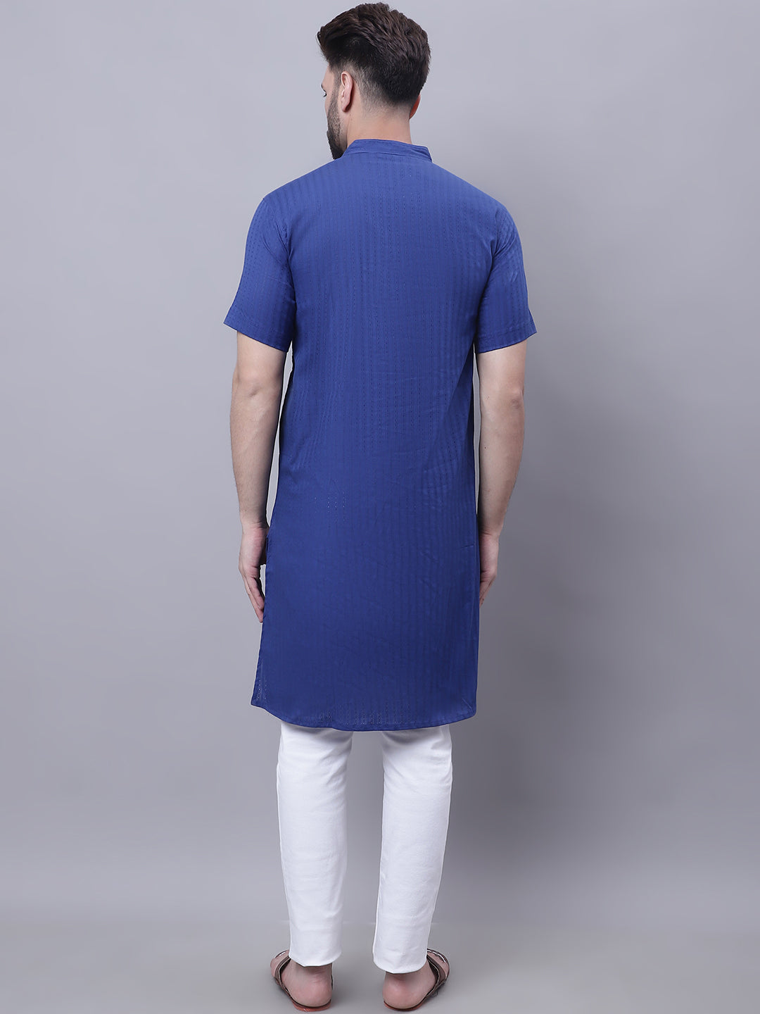 Even Apparels Blue Pure Cotton Short Sleeves Kurta With Band Collar 