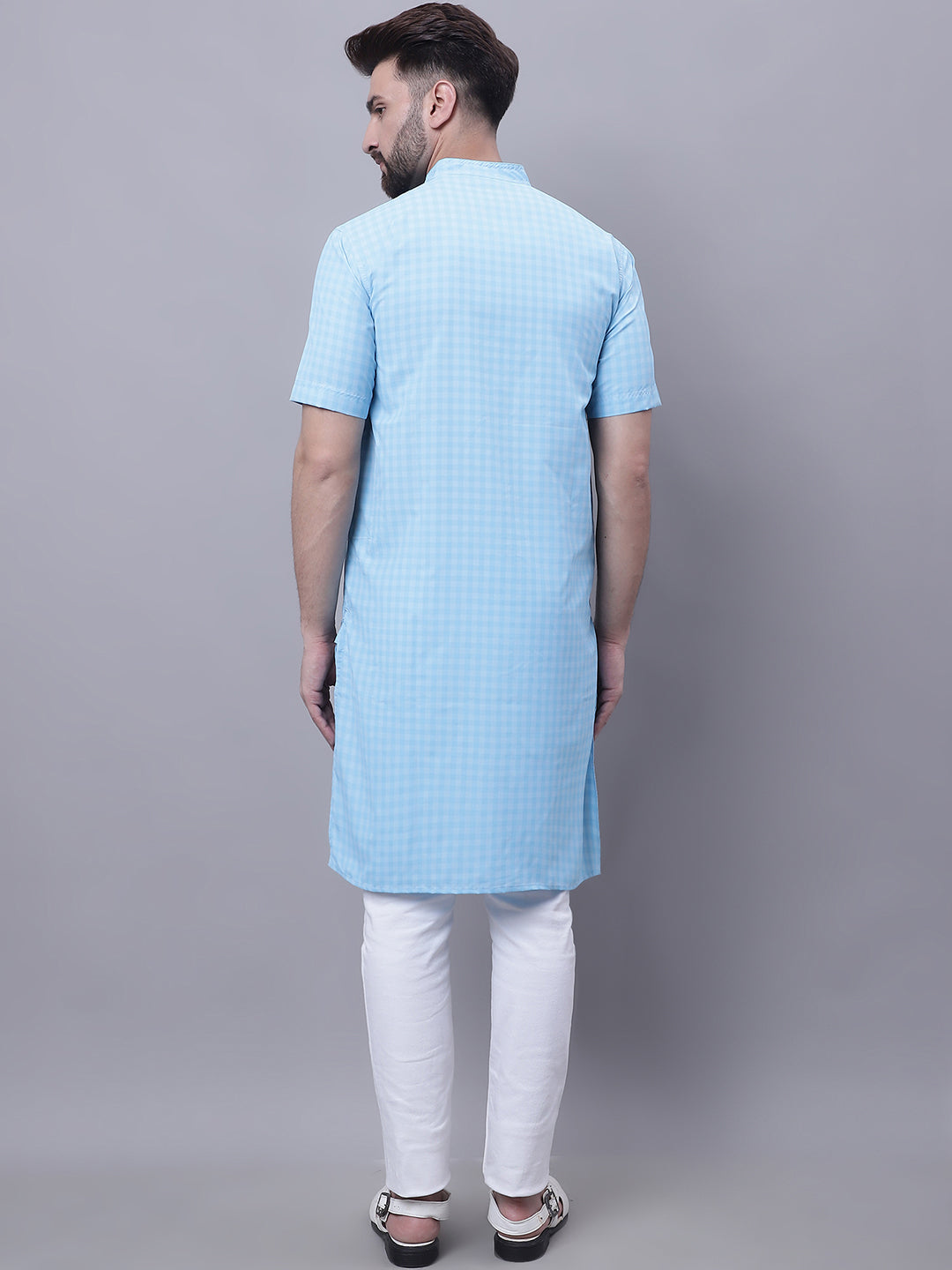 Even Apparels Blue Pure Cotton Short Sleeves Kurta With Band Collar 