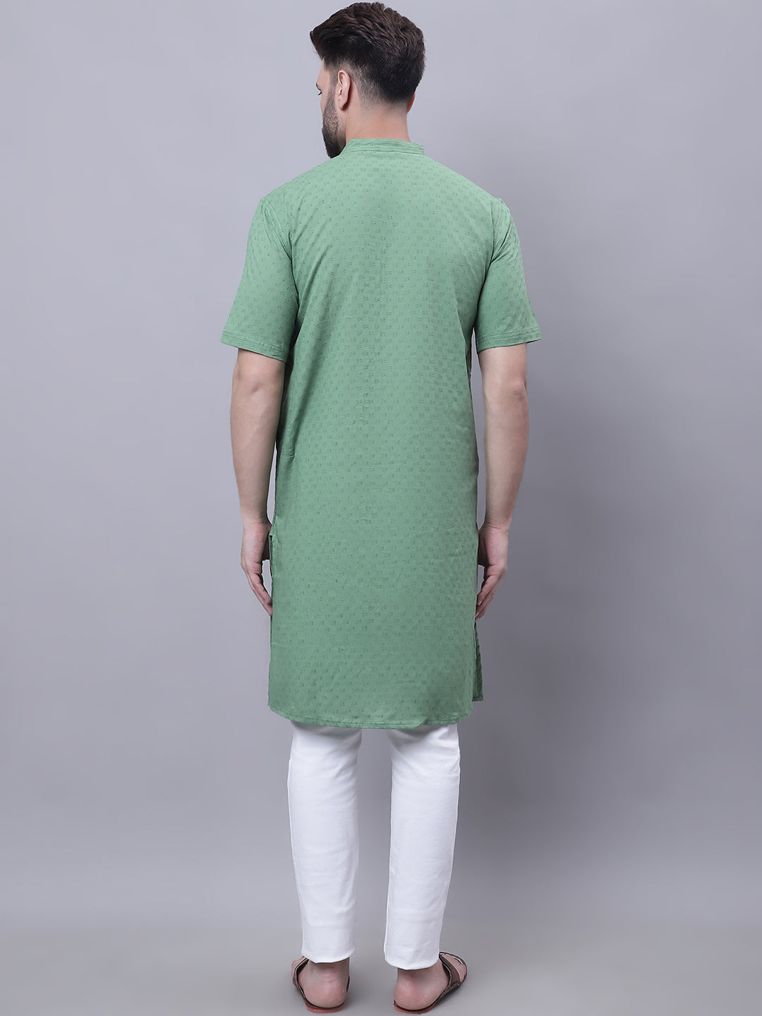 Even Apparels Green Pure Cotton Short Sleeves Kurta With Band Collar 