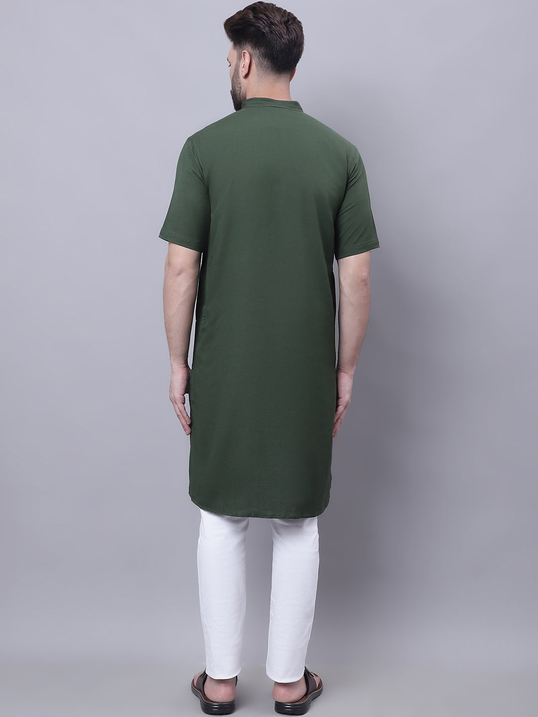 Even Apparels Green Pure Cotton Short Sleeves Kurta With Band Collar 