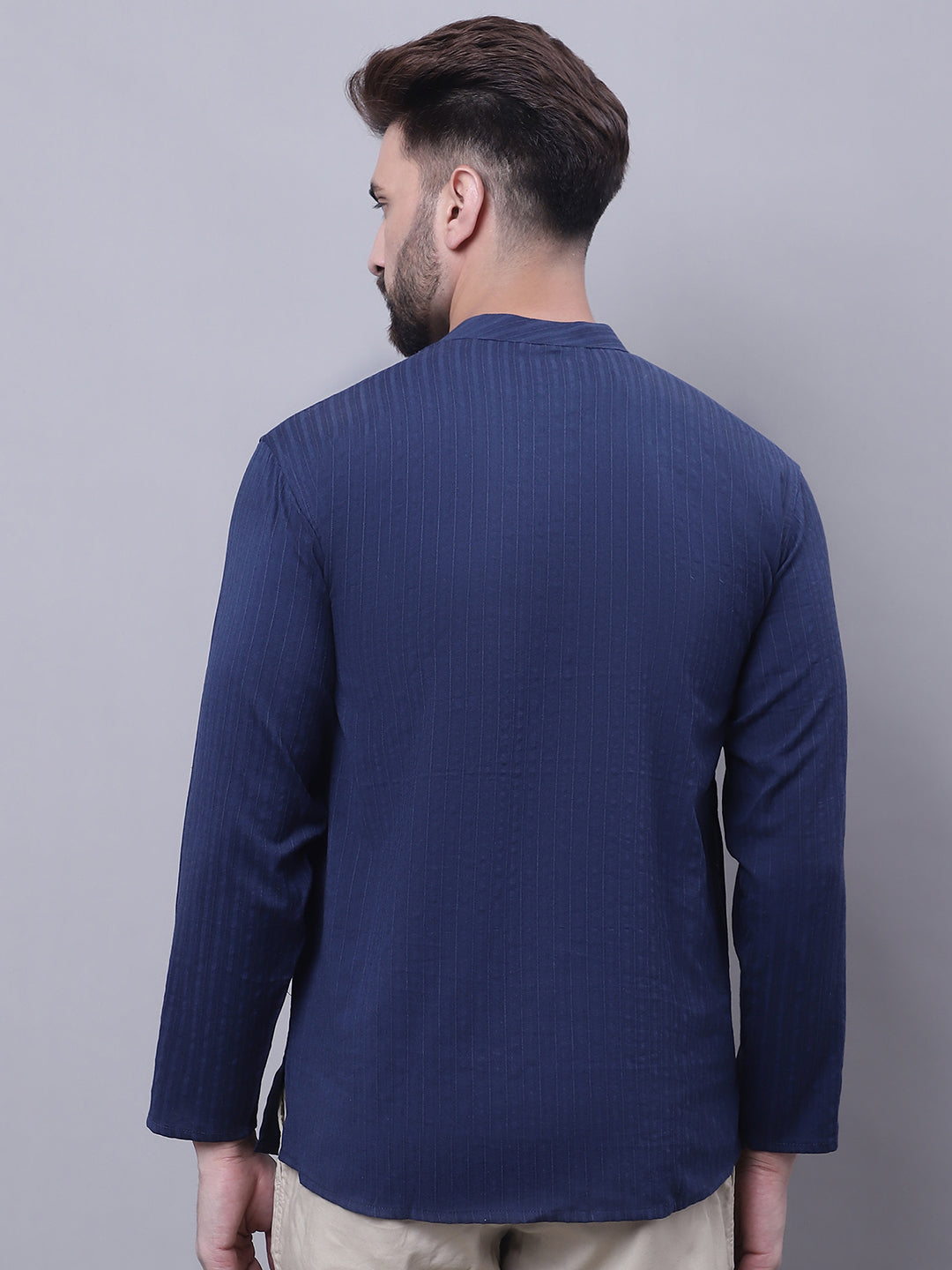 Even Apparels Blue Pure Cotton Short Kurta With Band Collar 