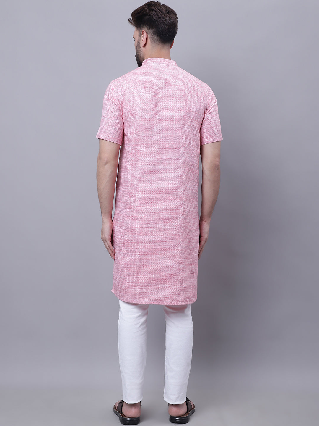 Even Apparels Pink Pure Cotton Short Sleeves Kurta With Band Collar 