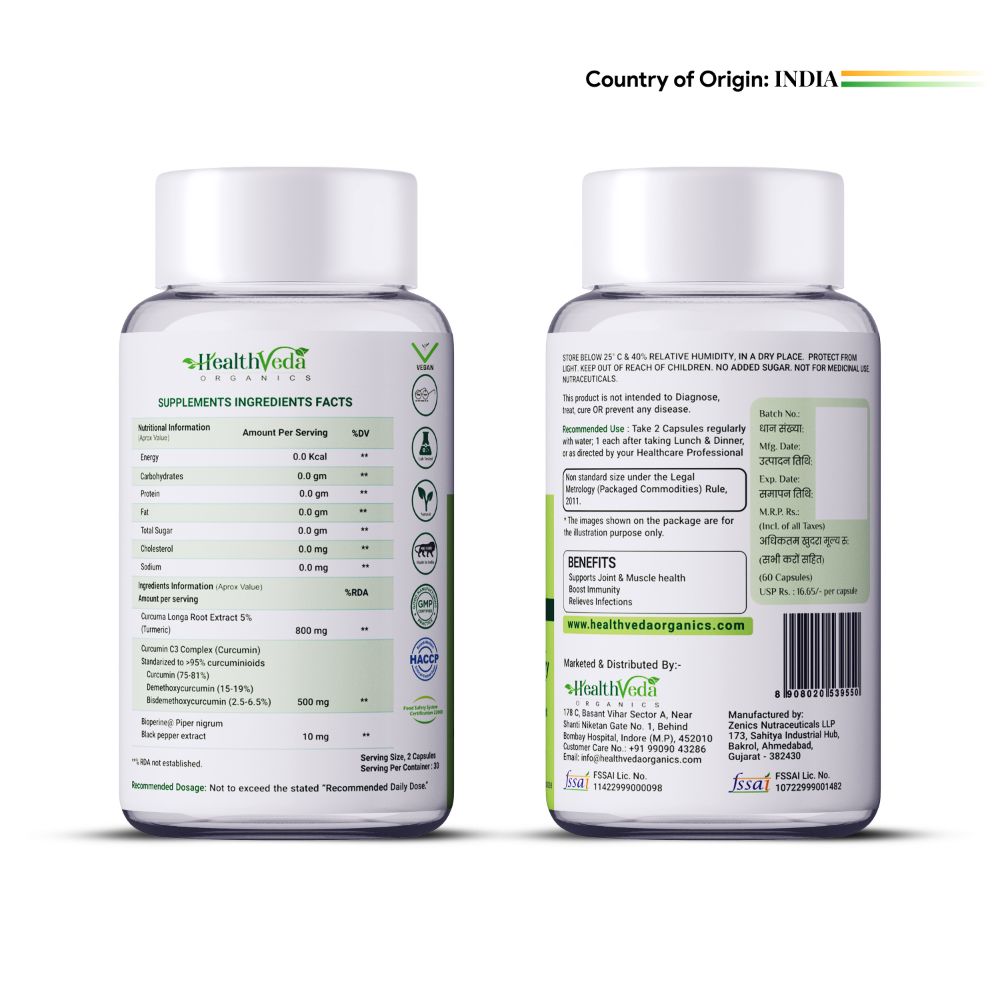Health Veda Organics Curcumin C3 + Bioperine Capsules 