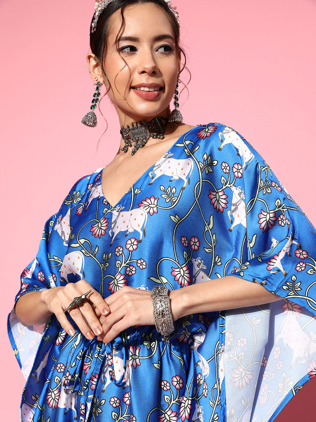 InWeave Women's Ink Blue Indian Bull Print Kaftan 