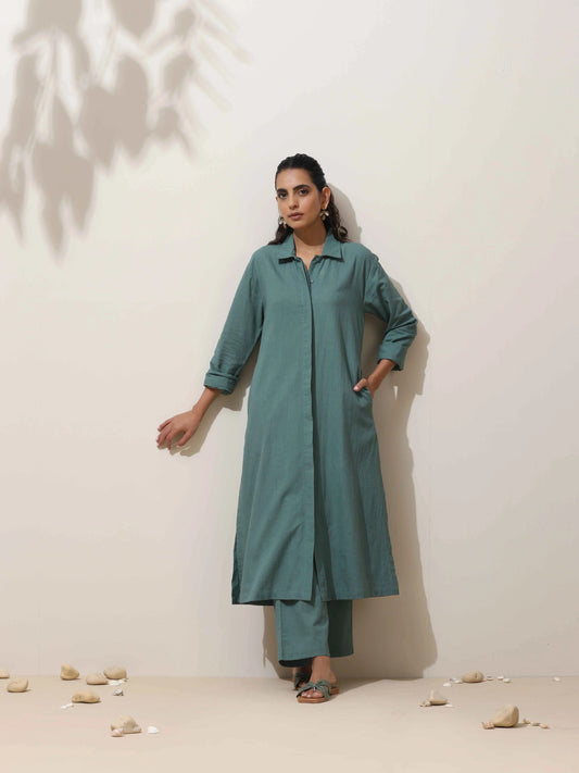 trueBrowns Green Cotton Linen Kurta Pant Set
