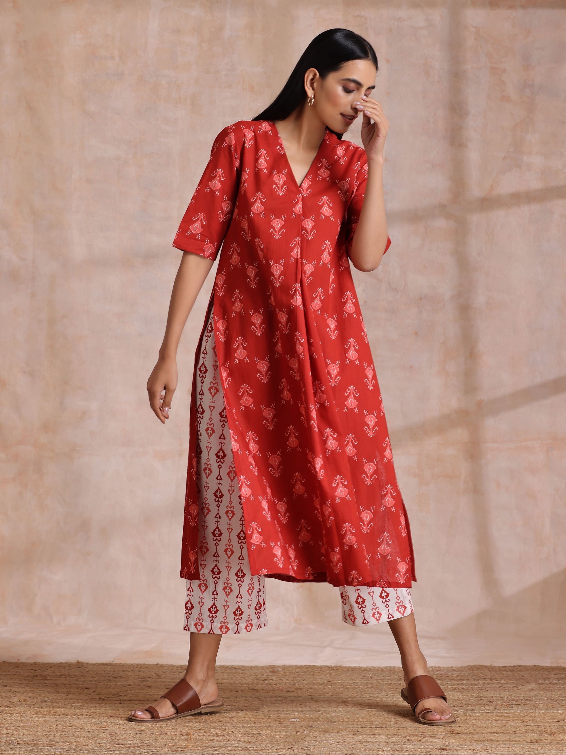 trueBrowns Red On Red Ikat Print Cotton Kurta Pant Set 