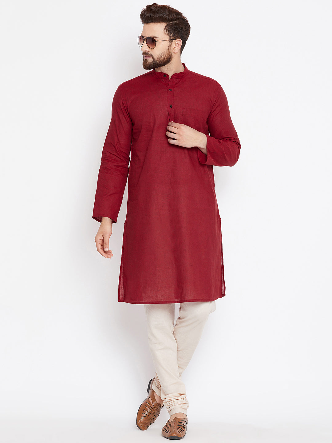 Even Apparels Maroon Pure Cotton Kurta With Band Collar 