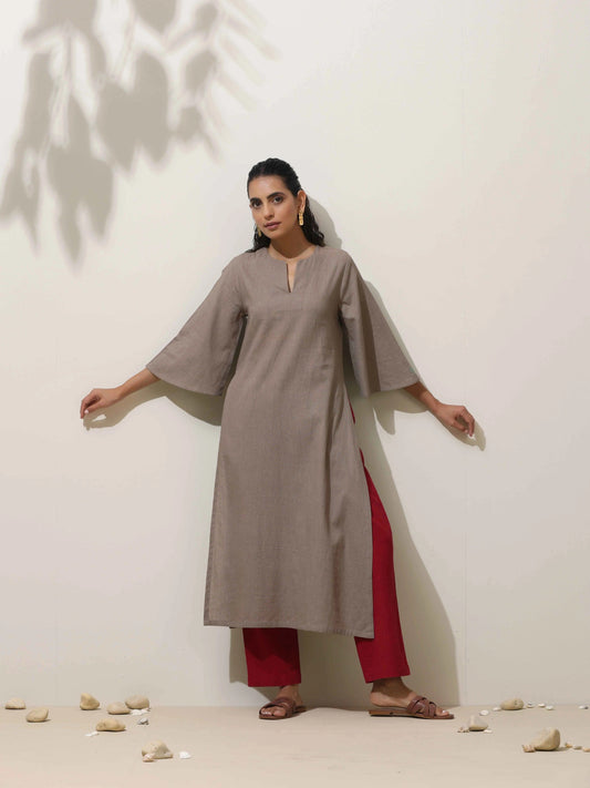 trueBrowns Grey Cotton Linen Kurta Pant Set