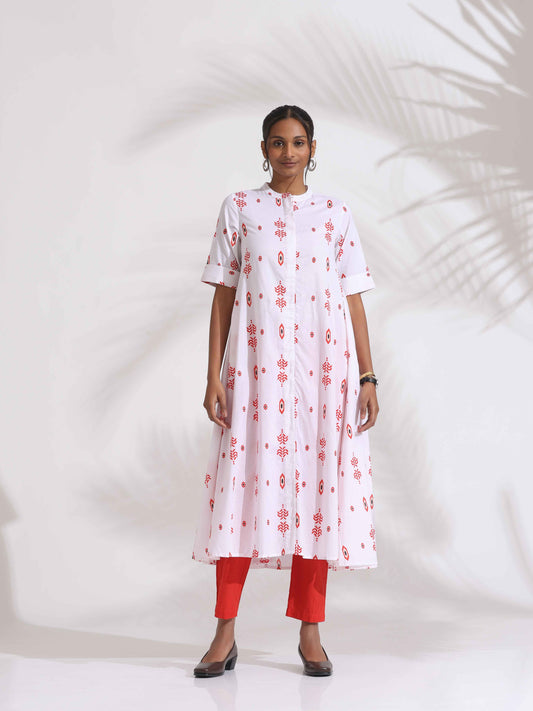 trueBrowns White Cotton Print Flared Kurta Set