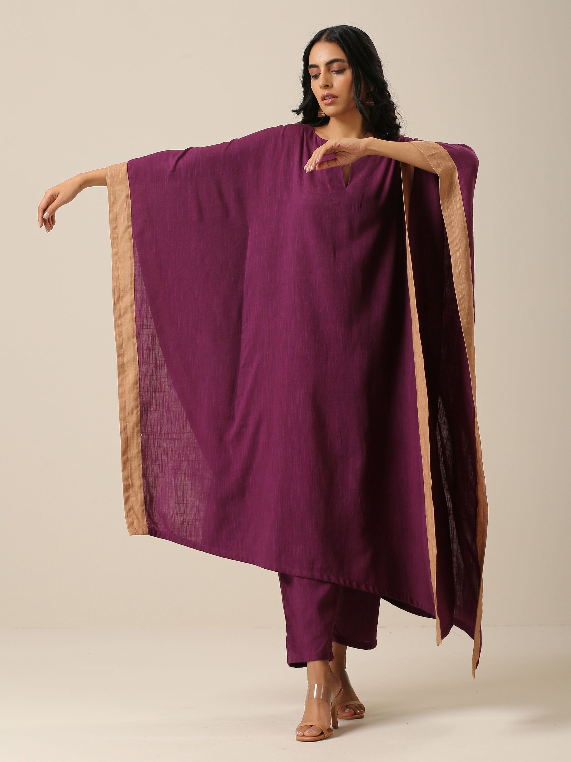 trueBrowns Plum Purple Slub Texture High Low Kaftan Pant Set 