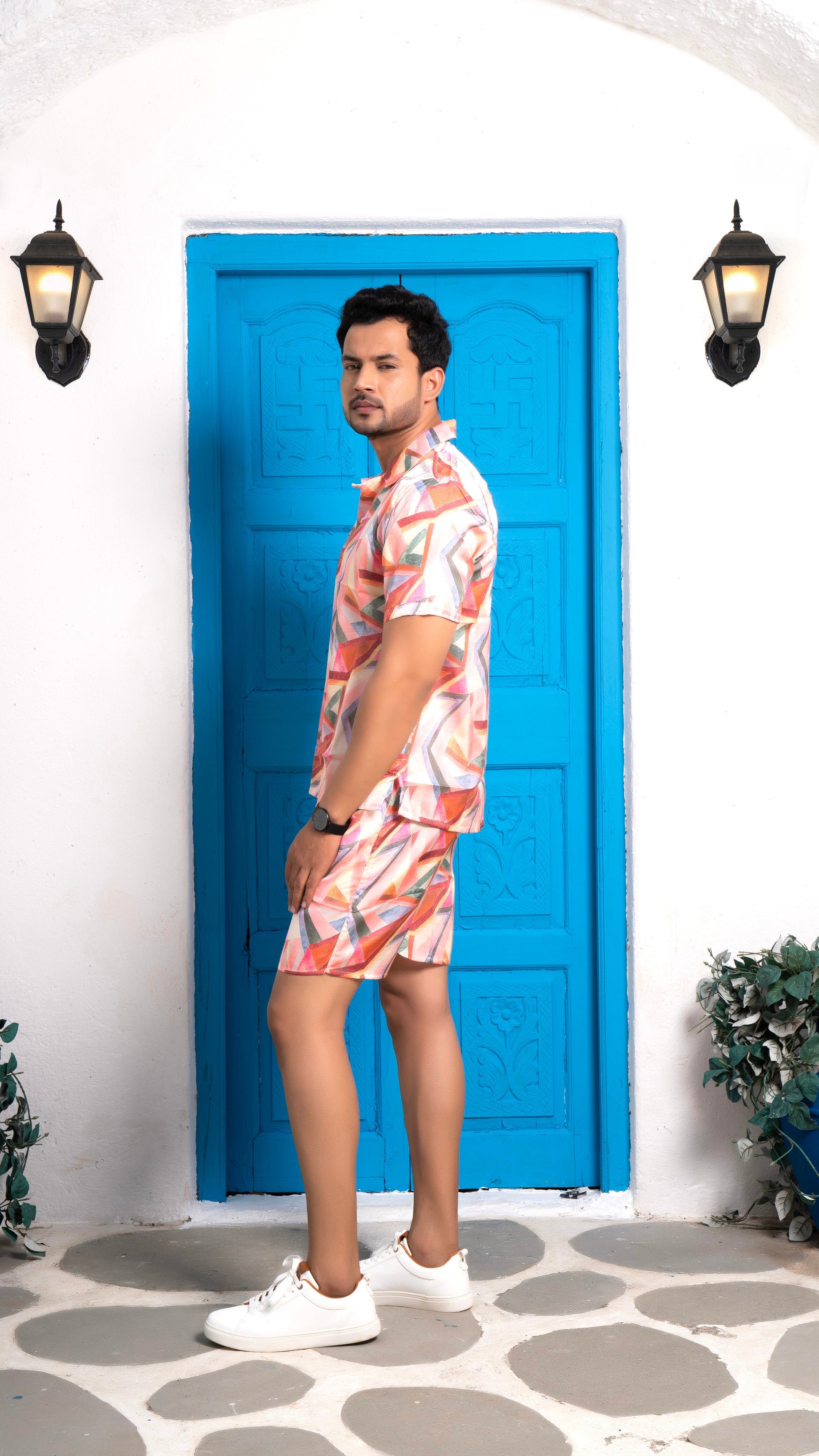 Noroke Sustainable fabric | Linen Satin Linen Geometric Co-ord Set Men 