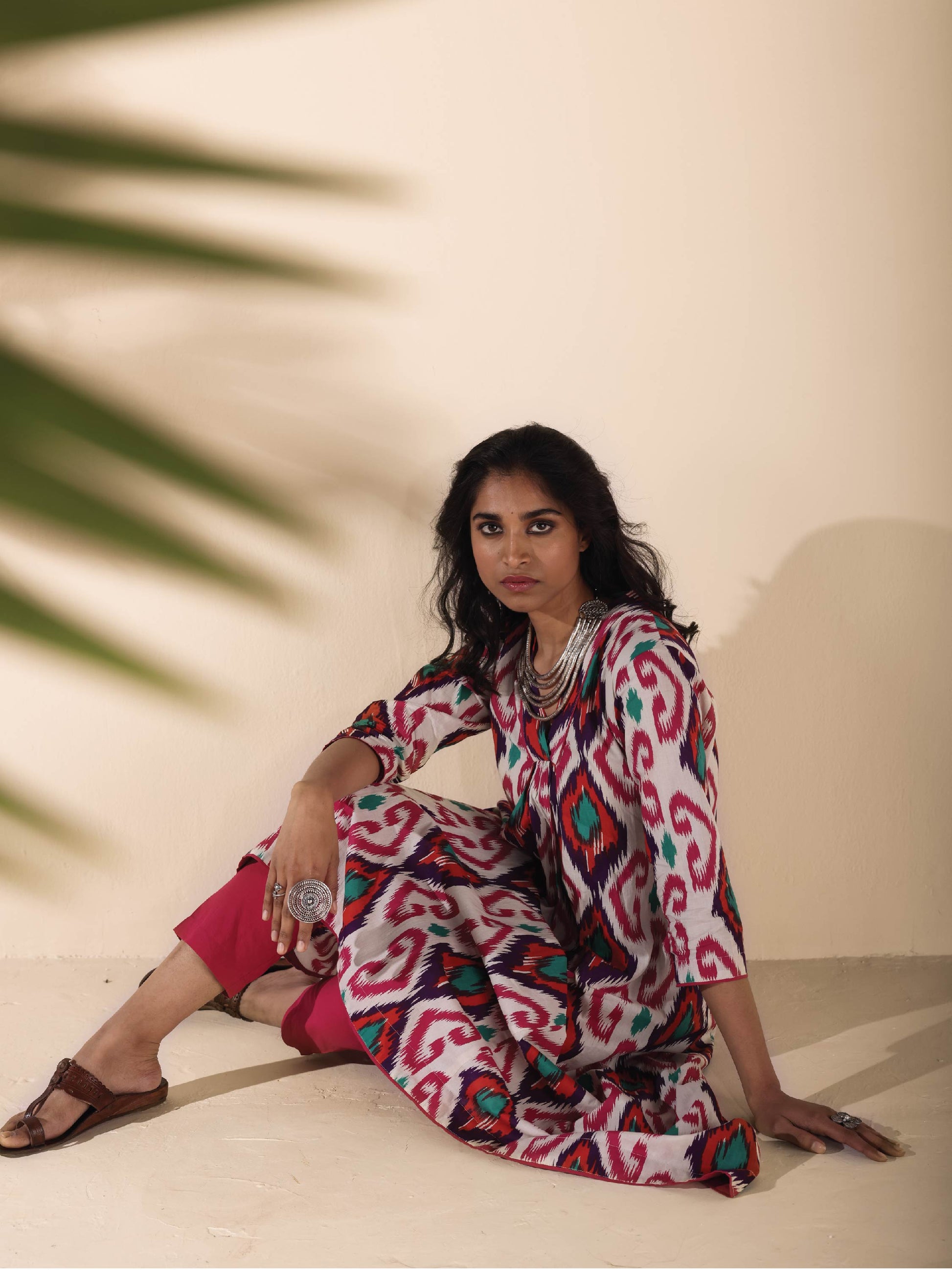 trueBrowns Pink Cotton Ikat Flared Kurta Pant Set 