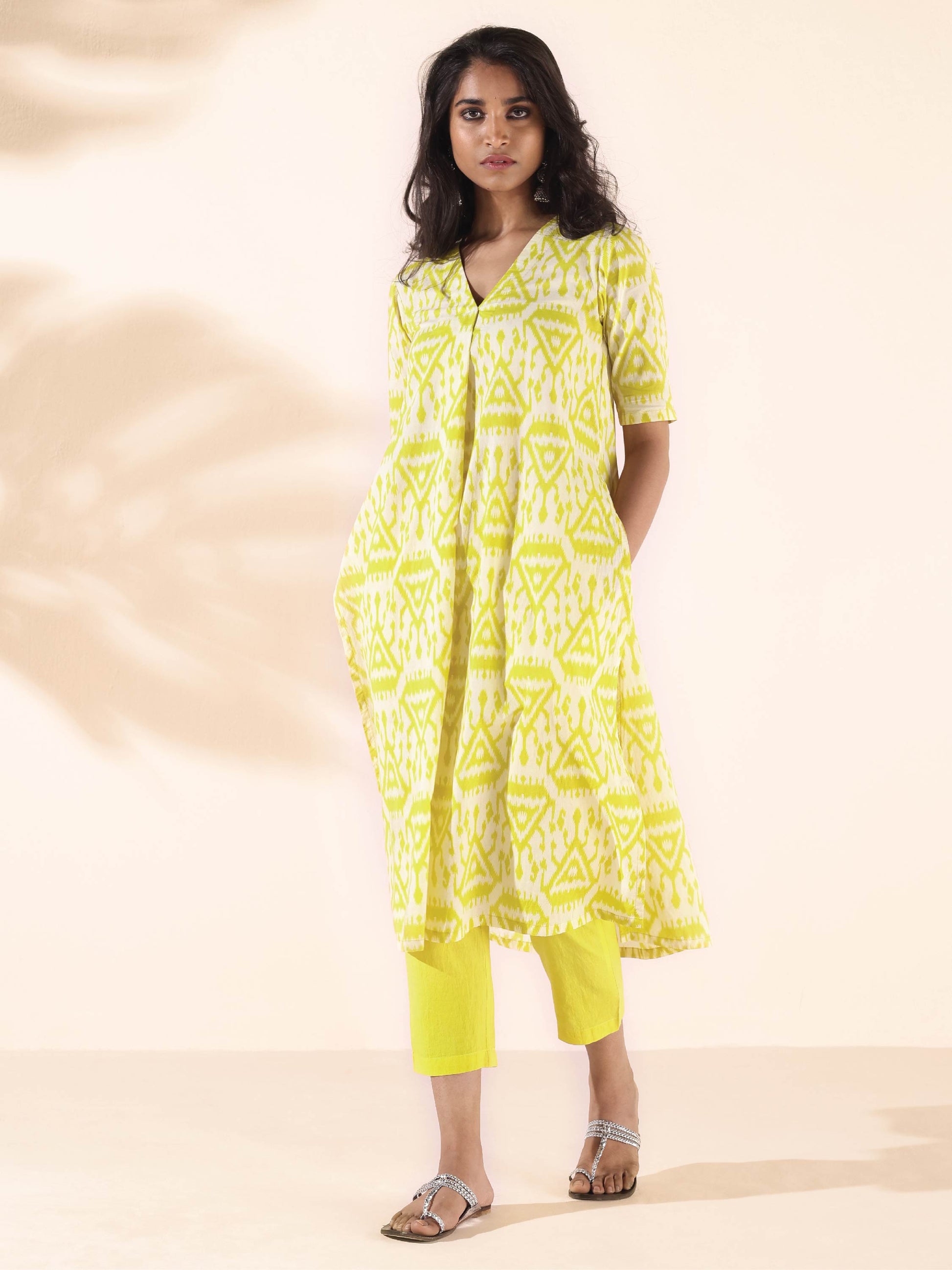 trueBrowns Lime Cotton Ikat Kurta Pant Set 