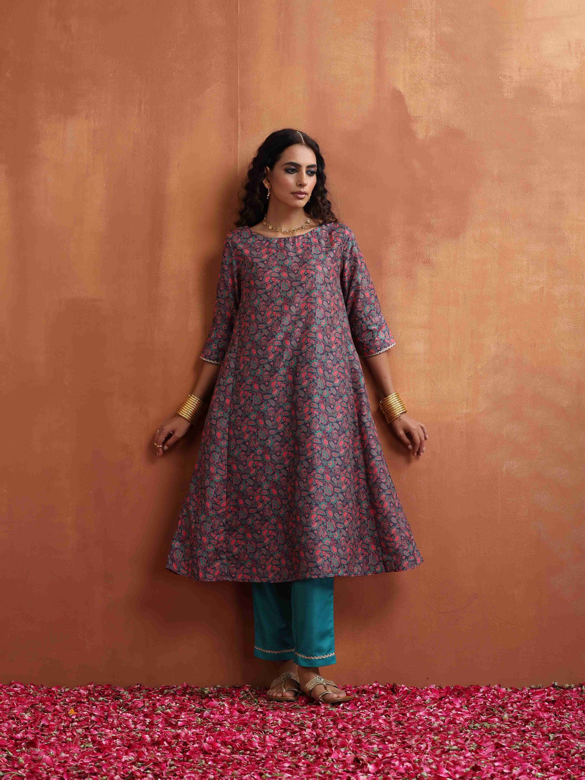 trueBrowns Purple Print A-line Kurta Set 