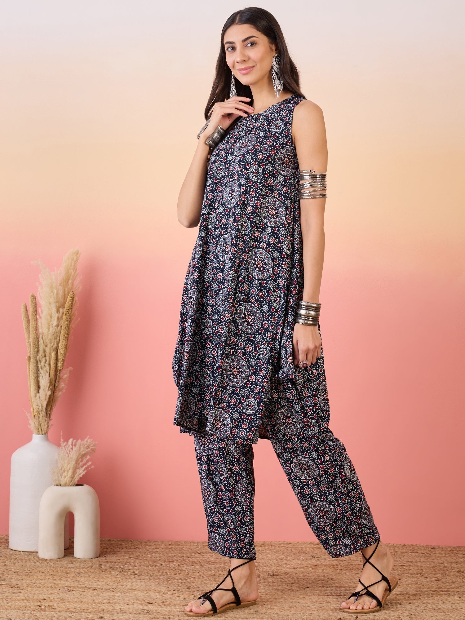 InWeave Navy Maroon Ajrakh Foil Round Neck Kurta Pant Set 