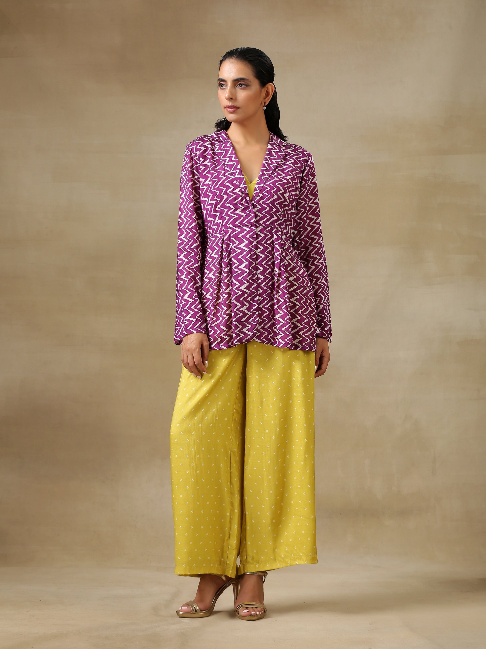 trueBrowns Lime Green Bandhani Printed Silk Top Pant with Purple Printed Jacket Set 