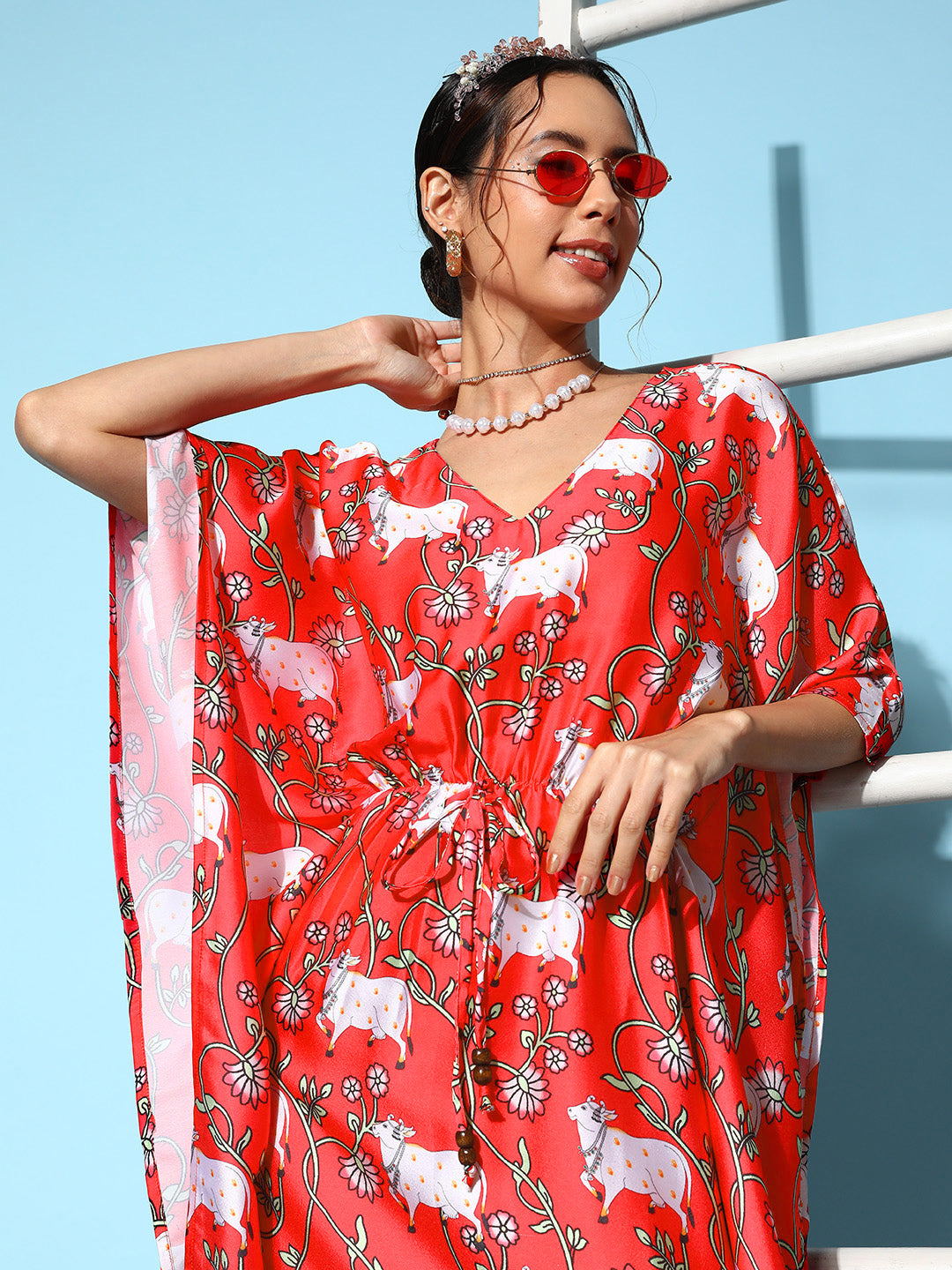 InWeave Women's Bright Pink Indian Bull Print Kaftan 
