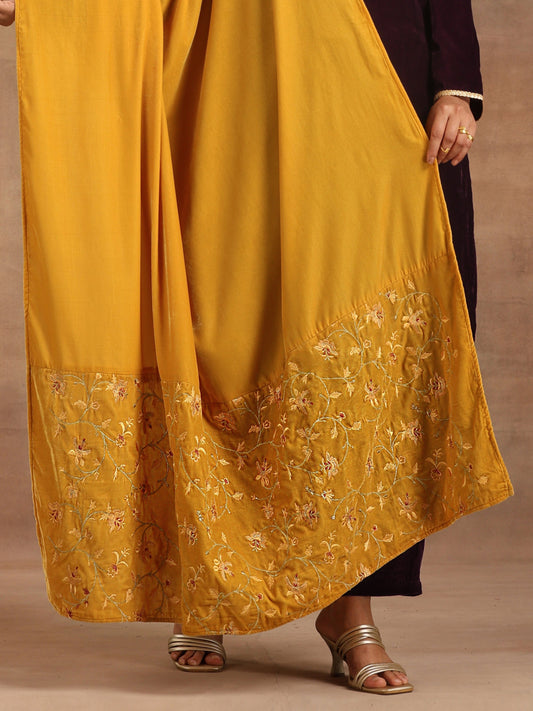 trueBrowns Mustard Velvet Embroidered Shawl - Grab2buy