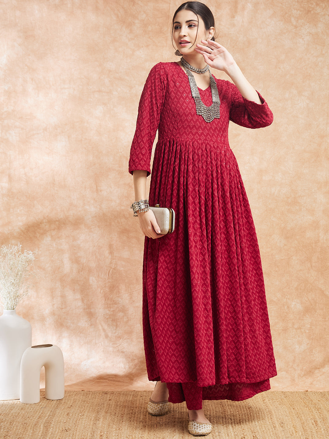 InWeave Women's Maroon Chikankari Long Anarkali Kurta Sharara Set 