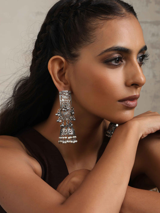 trueBrowns Silver Tone Floral Jhumka Earrings Truebrowns Lifestyle