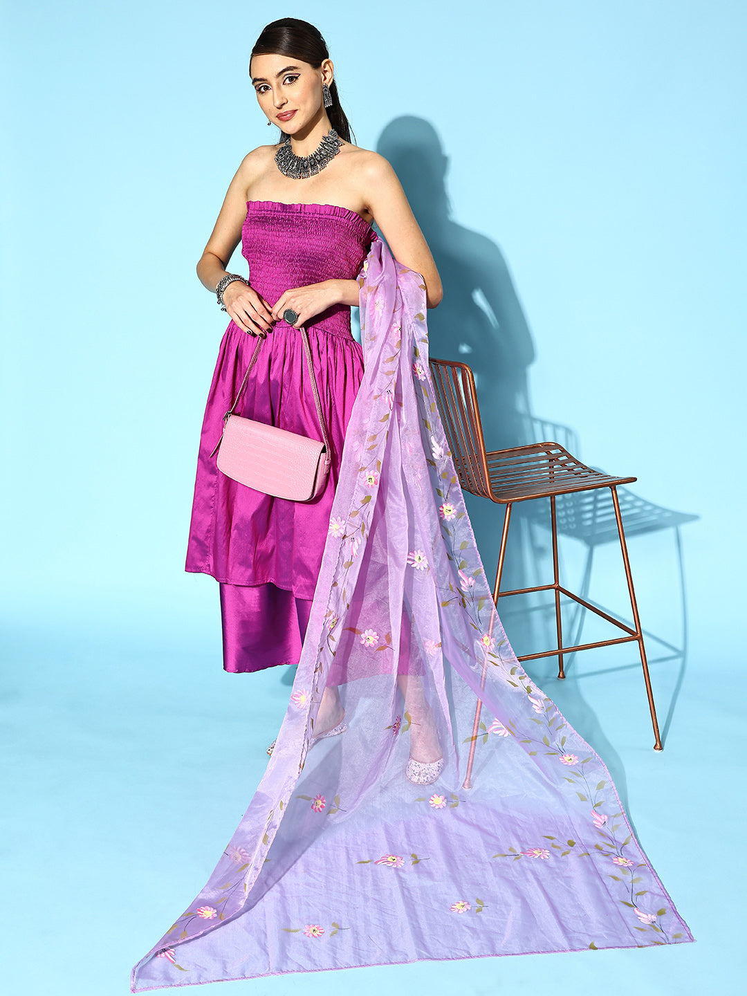 InWeave Purple Off Shoulder Silk Kurta Set -Mauve Hand Painted Dupatta 