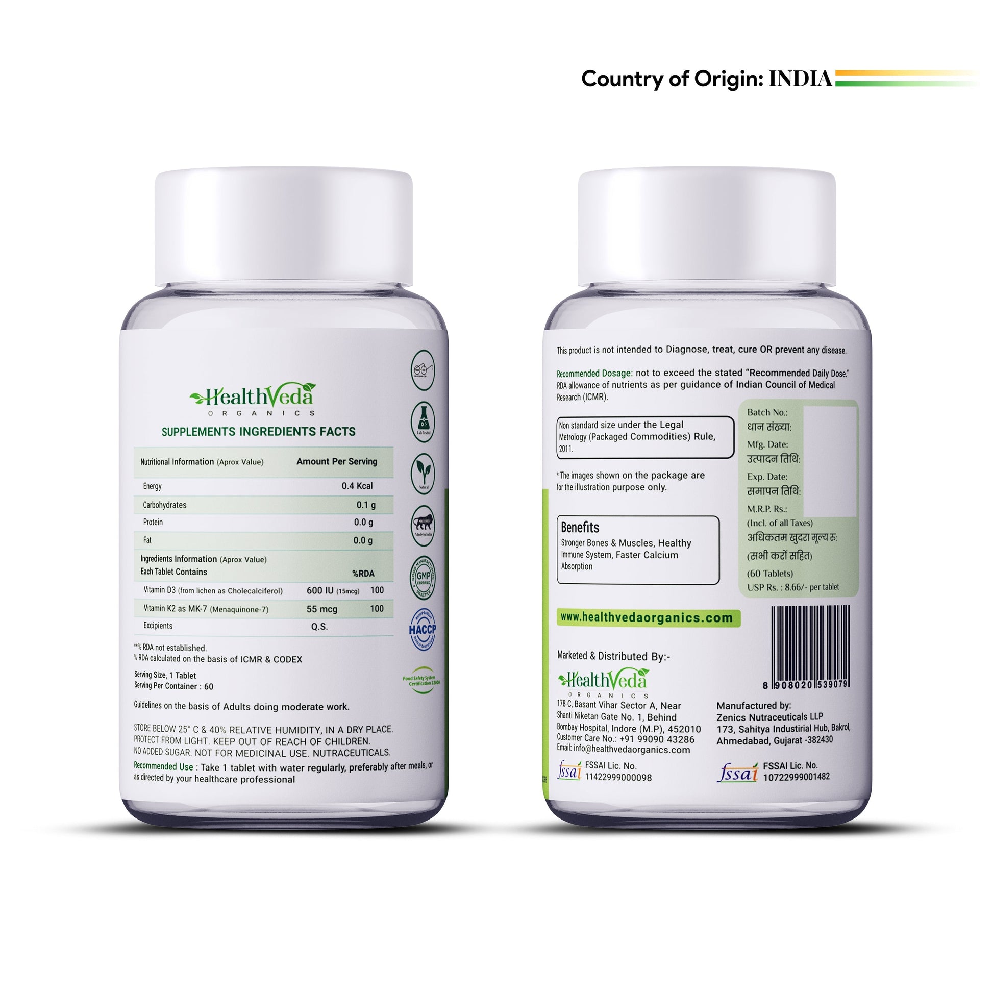 Health Veda Organics Vitamin D3 + K2 Healthy Bones Tablets 