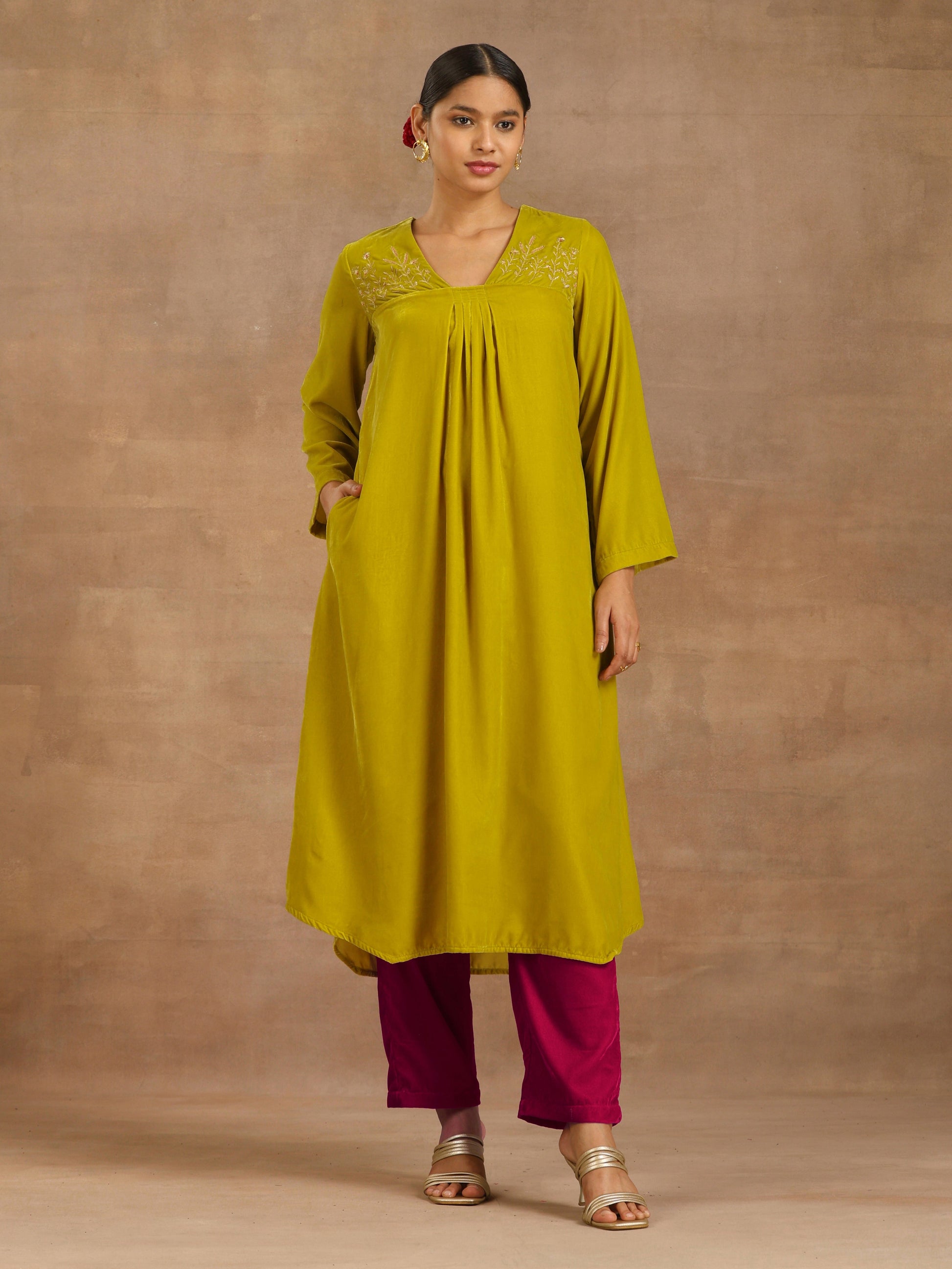 trueBrowns Lime Velvet Yoke Embroidered Kurta 